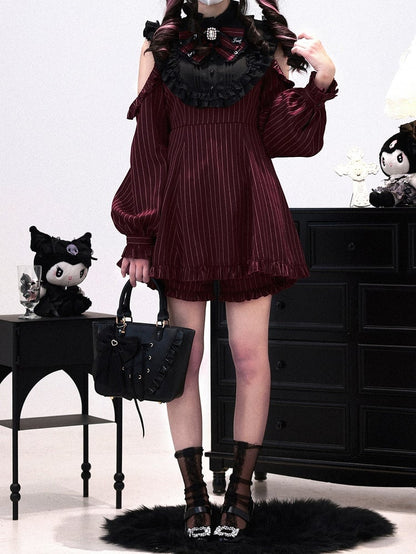 Shorts with Versatile Coord Sleeves Kei Set: Red Wine Striped Modular Matching Jirai Dress