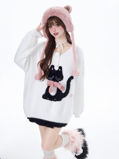 Charming White V-Neck Pullover with Cat Print - CRAZY GIRL