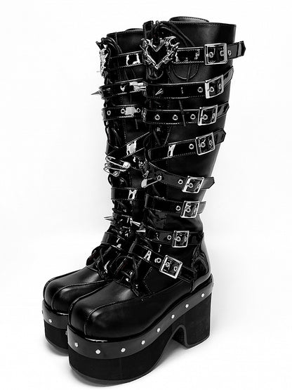 Buckle Platform Boots - Knee-High Punk High-heel PU