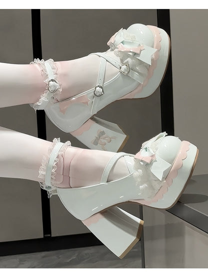 Crisscross High Toe Design Green Sweet Block Round Platform Mint - Heels