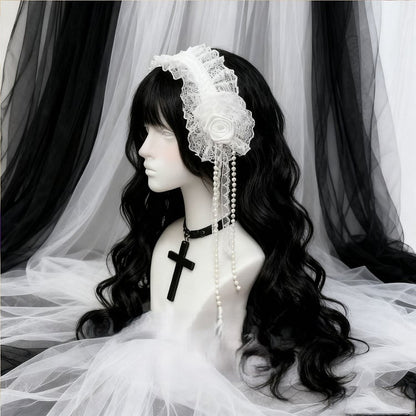 Trim Design White Hairband Pearl Floral Lace Gothic