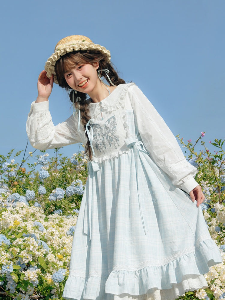 Alice in Wonderland Vibes Blue & White Plaid Butterfly Embroidery Mori Kei Dress