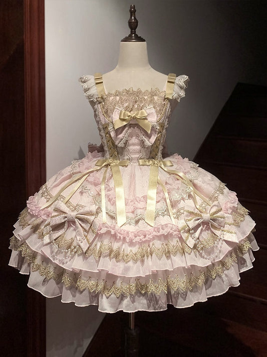 Kettenrockkleid Rosa Verzierte Prinzessin Lolita Perlenschleifen
