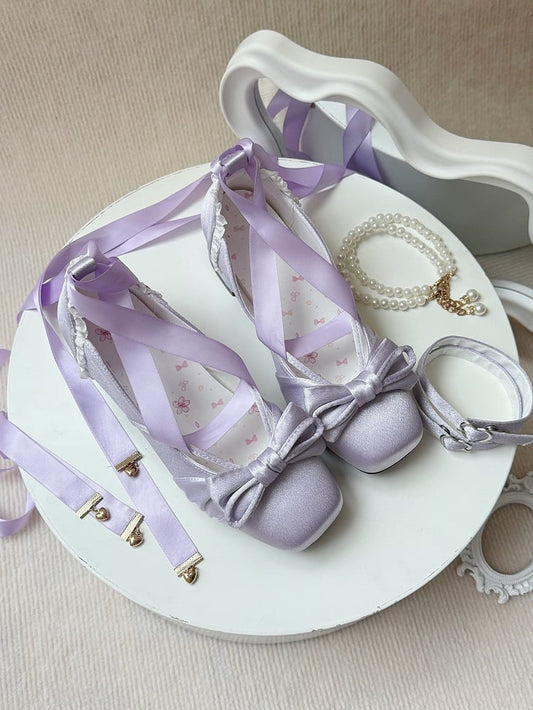 エレガントな3メアリーストラップ付き取り外し可能なパープルアンクルバックルジェーンズトップ（リボン付き）