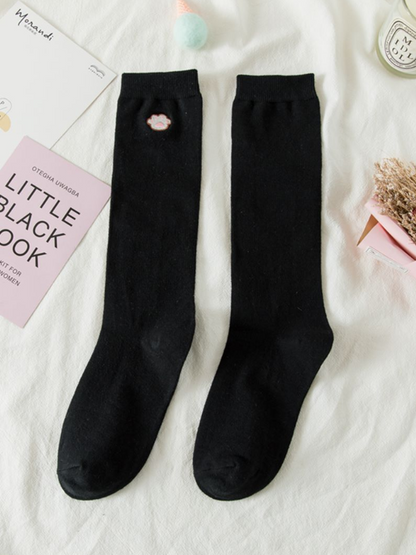 White/Black/Beige Calf Kitten Paw Cute Embroidered Socks