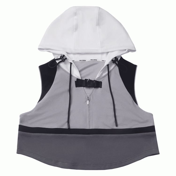 ベスト グレー カラーブロック デザイン テックウェア フード付き クロップド