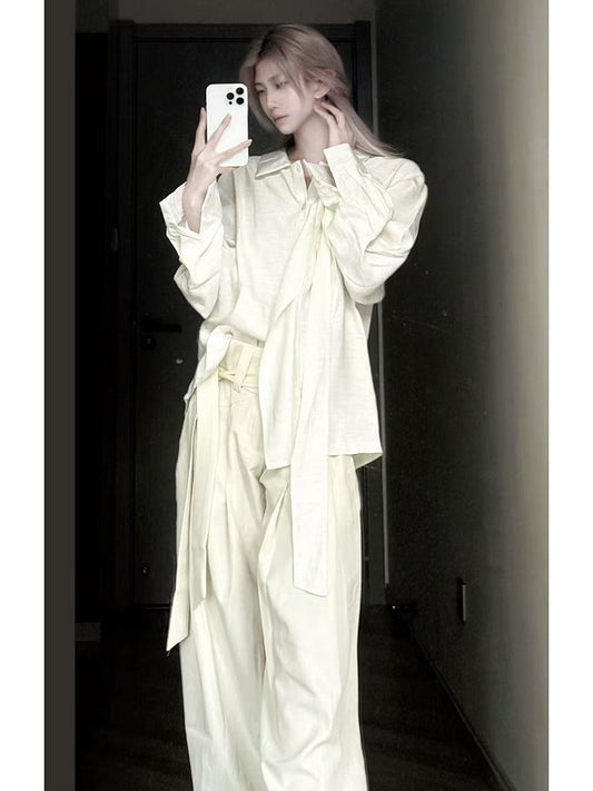 Shirt White Vintage Relaxed-Fit Unisex Tie-Neck