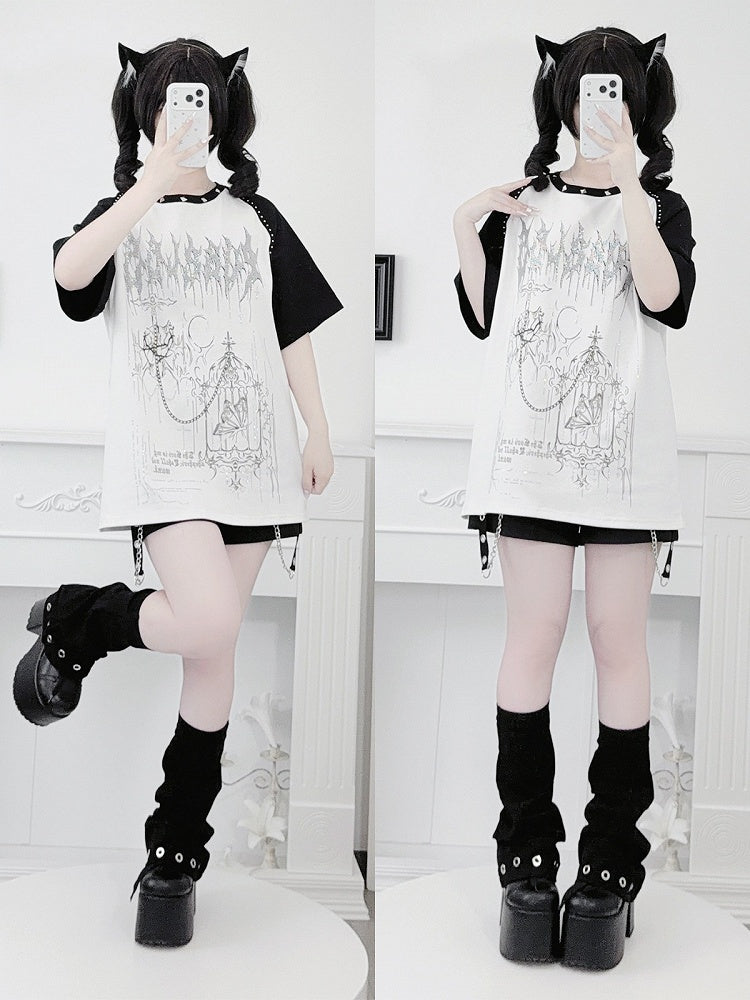 White Landmine Style Raglan Short Sleeve Tee with Hot-Fix Rhinestone & Graphic Accents - Puzzles