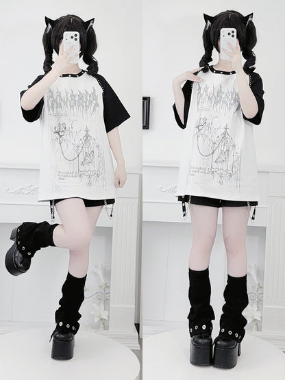 White Landmine Style Raglan Short Sleeve Tee with Hot-Fix Rhinestone & Graphic Accents - Puzzles