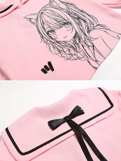 Ribbon and Girl Print Jirai Sweatshirt with Back Black/Pink Collar Bow Sailor - Kei Manga Style