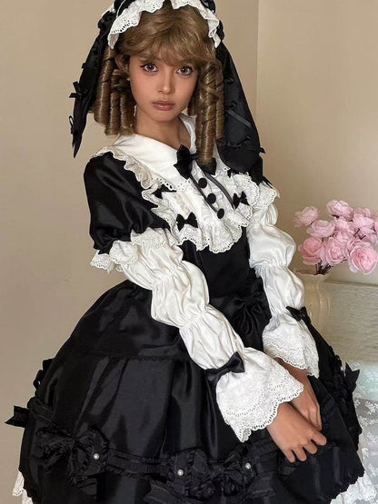 Marie Pink/Black Bow Sleeves Accents Detachable with White