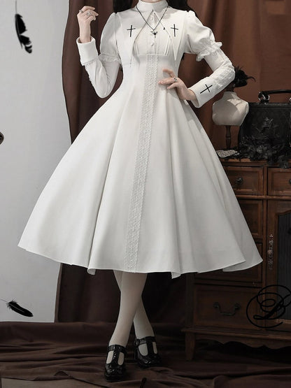 Cross Nun Lolita Trimmed White Short Sleeves Lace Embroidery with Dress