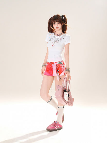 T-Shirt Weiß Rundhals Stern Halskette Print