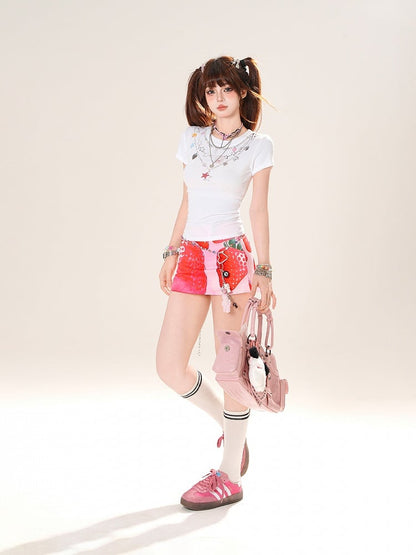 Print Pink Low Waist Sweet Strawberry Mini Bodycon Skirt