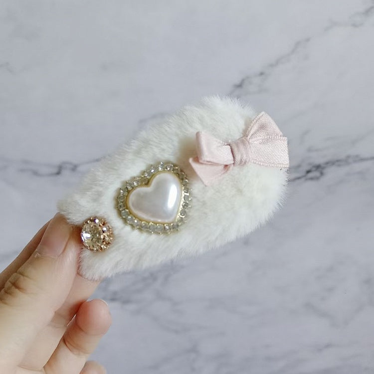 Kei Options Color Heart 5 Plush Rhinestone Hairclips Bow Jirai