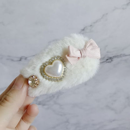 Kei Options Color Heart 5 Plush Rhinestone Hairclips Bow Jirai