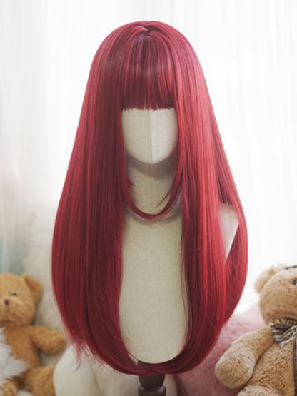 Lange, glatte Perücke in Rot/Rosa/Grün/Lila/Staubblau/Orange mit vollem Pony