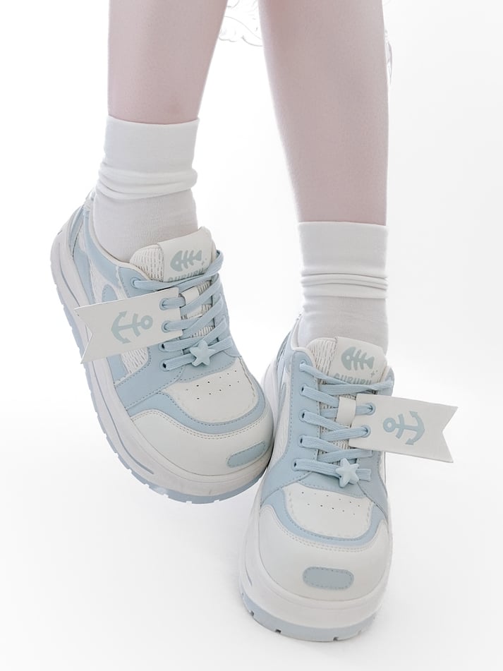 Light Blue Tenshi Kaiwai Platform Sneakers with Anchor Fish Bone Decor and Front Lace-Up Size 35 - GURURU