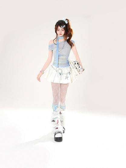 Seestern und T-Shirt-Muschel, halbtransparent, mit asymmetrischem Ausschnitt, blauer Aufdruck, gratis Schal