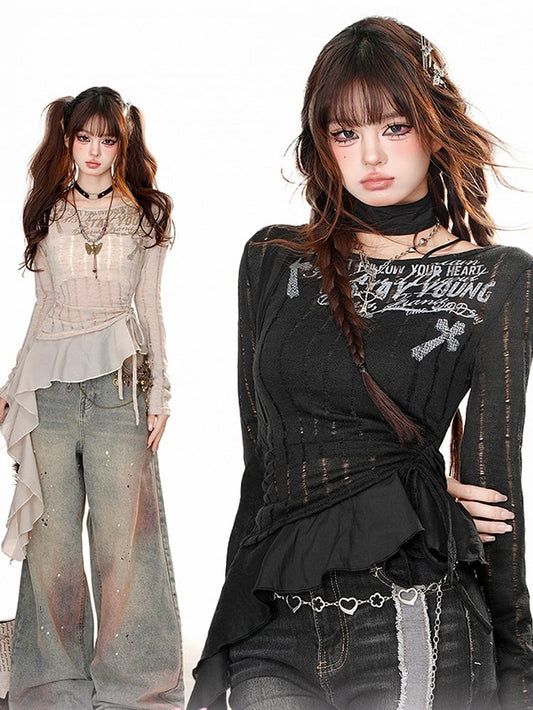 Black/Apricot Drawstring Waist Slim Fit Top with Asymmetrical Ruffle Hem