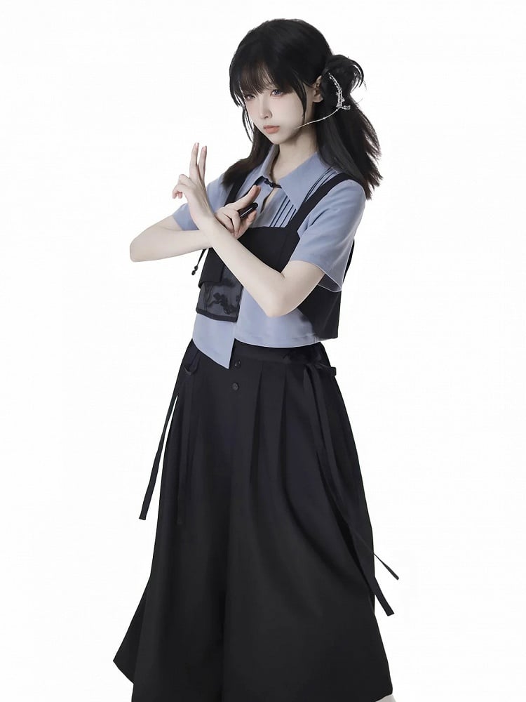 Cropped Shirt Blue Asymmetrical Hem Pleating Details Short Sleeves