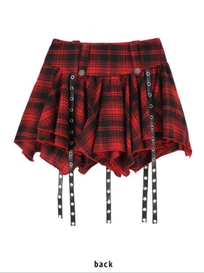 Mini Straps Red Skirt With Plaid Black Pleated Metal Punk Buckle