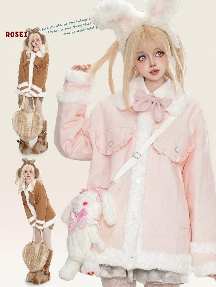 Dicke Jacke mit Polokragen und Plüschbesatz in Rosa/Kamel