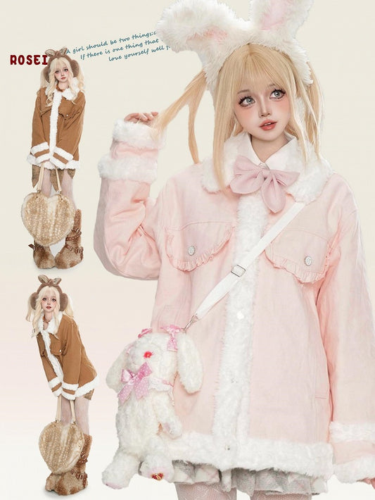 Dicke Jacke mit Polokragen und Plüschbesatz in Rosa/Kamel