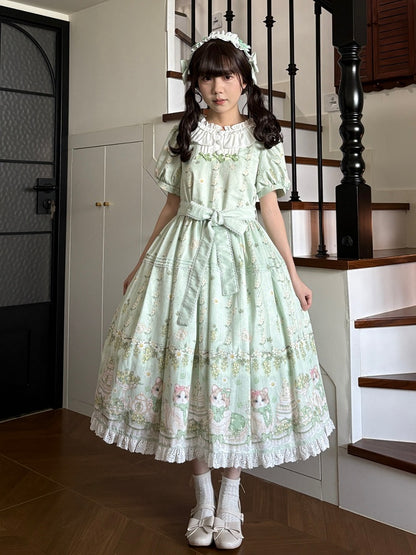 Green Cat Theme Floral Print Lolita Puff Sleeve Dress with Hairband - Dream Island Candy Casket