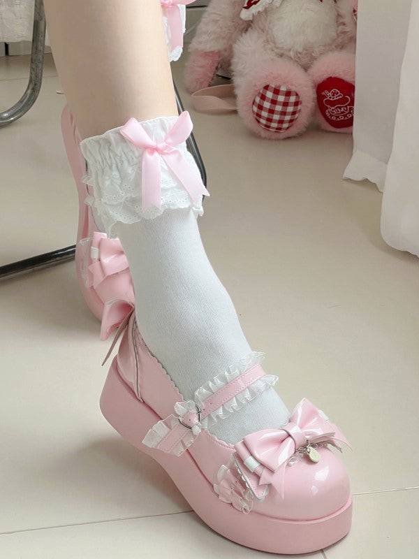 White Pink/White/Red/Black With Bowknots Lolita Calf Socks