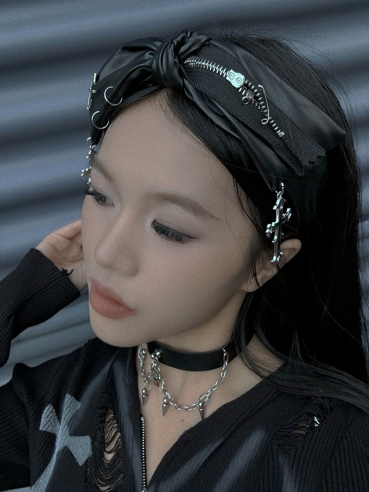 Gothic Punk Schwarzes Kreuz Charms Reißverschluss Design PU Bowknot KC