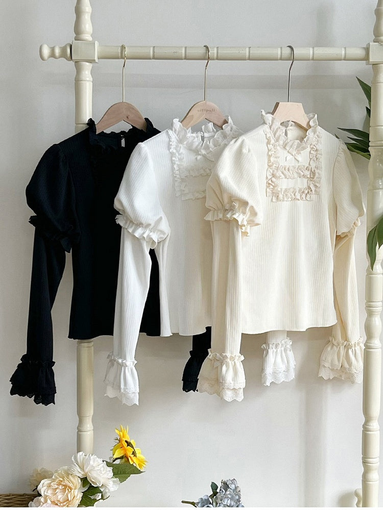 Black Long Sleeve Stand Collar Lolita Knit Top with Lace Trim - With PUJI