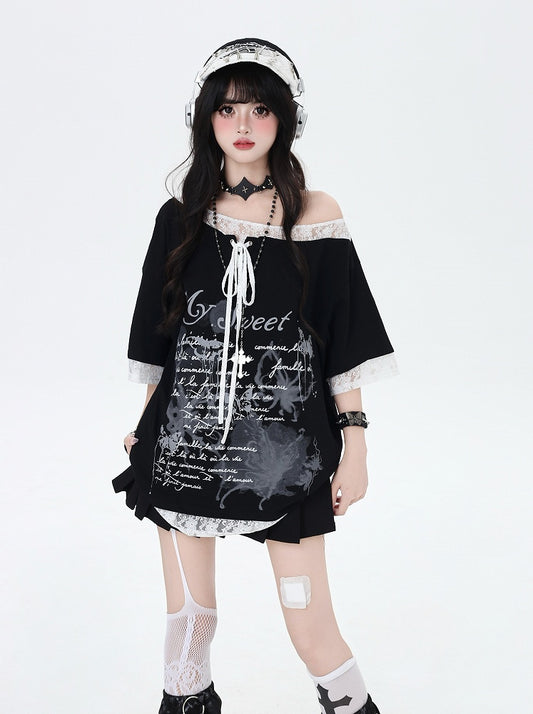 Black/White Graphic T-Shirt Hem Patches Asymmetrical Lace-up Neckline Lace