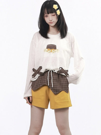 Caramel Pudding Yellow and Brown Plaid Drawstring Shorts - PINK SAVIOR