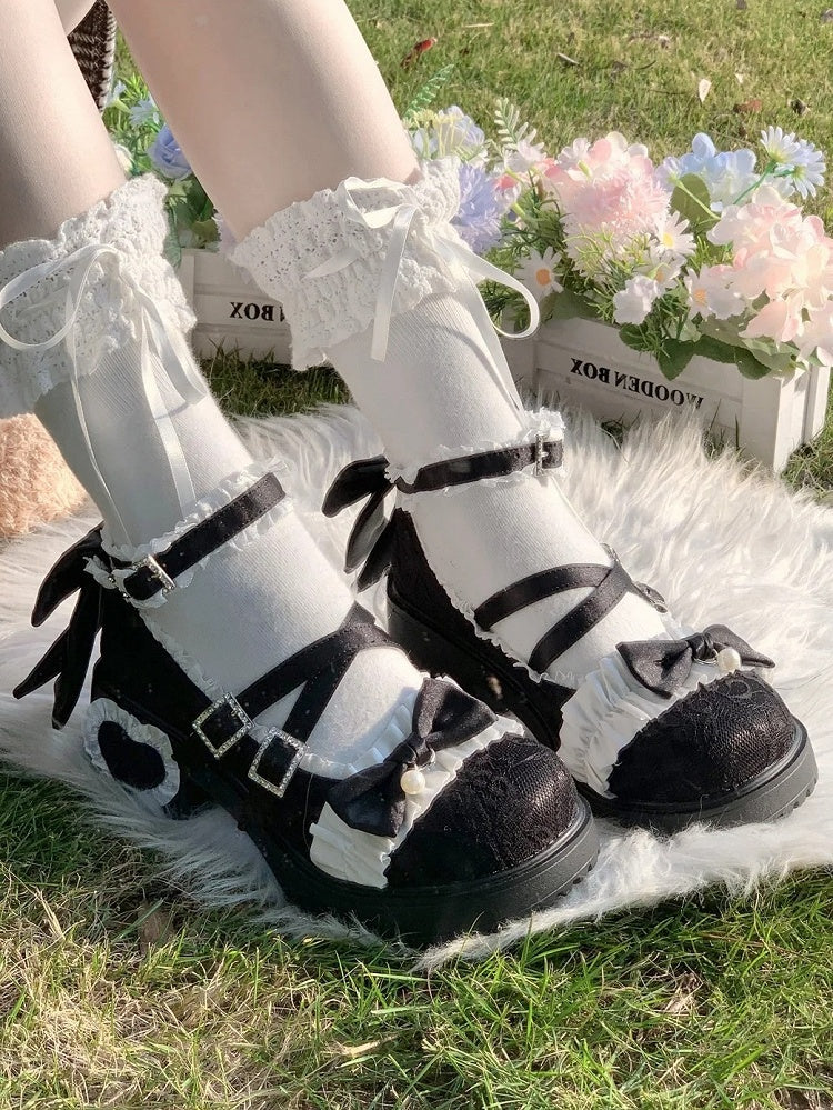 Elegant Lolita Black Platform Mid Block Heel Mary Janes - Crystal Buckle, Ruffle Trim & Heart Patch Heel