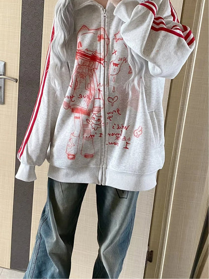 Cartoon Jacket with Striped Graphics Red Regular/Thicken White