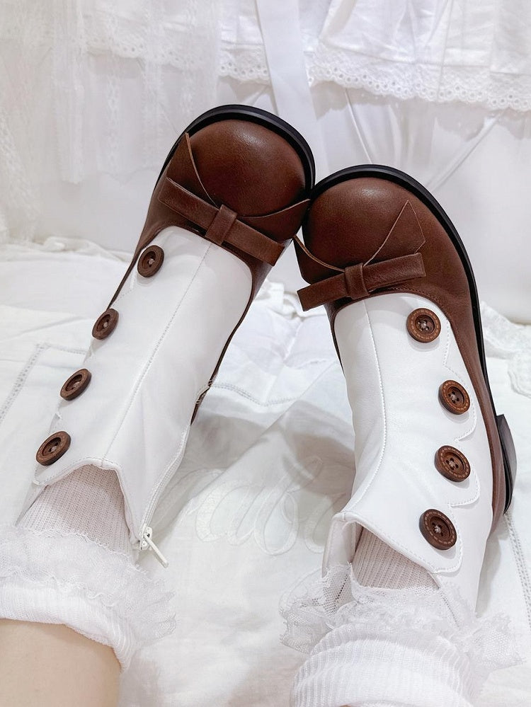 Decorative White Heel Design Lolita Classic Mid with Boots- Brown Buttons