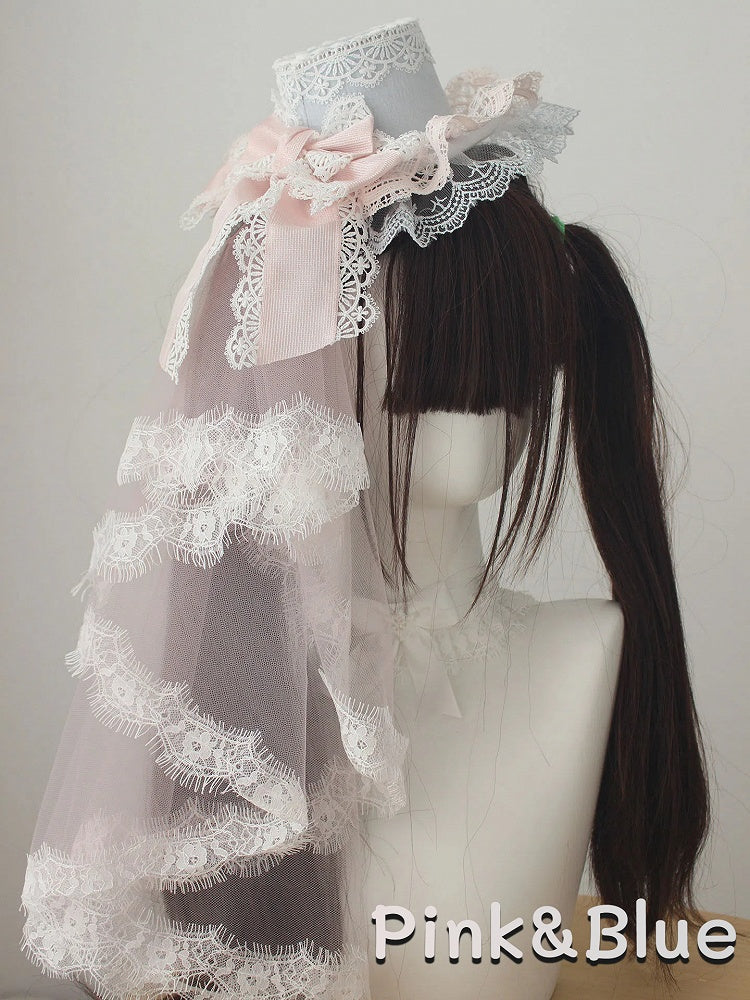 Layered Bow Veil with Hat Lace Mini Head