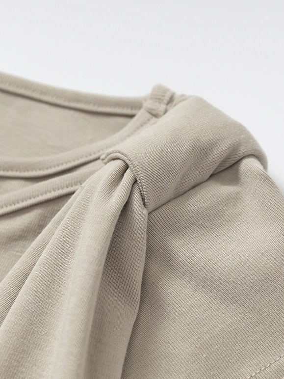 Beige-Grey Knit Short-Sleeve Top with Rhinestone Design - NO ROMANCE