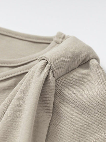 Beige-Grey Knit Short-Sleeve Top with Rhinestone Design - NO ROMANCE