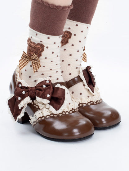 Brown Beaded Lolita Leather in Bow Trim Mid-heel Janes Heart Lace with Beads Mary Buckle Decorated PU