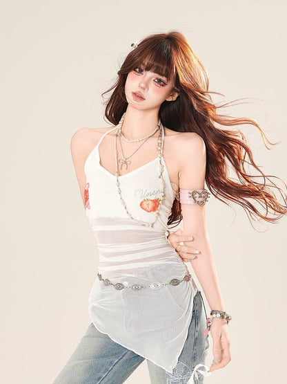 ホルターネック メッシュヘム ストロベリープリント ホワイト アシンメトリートップス スイート