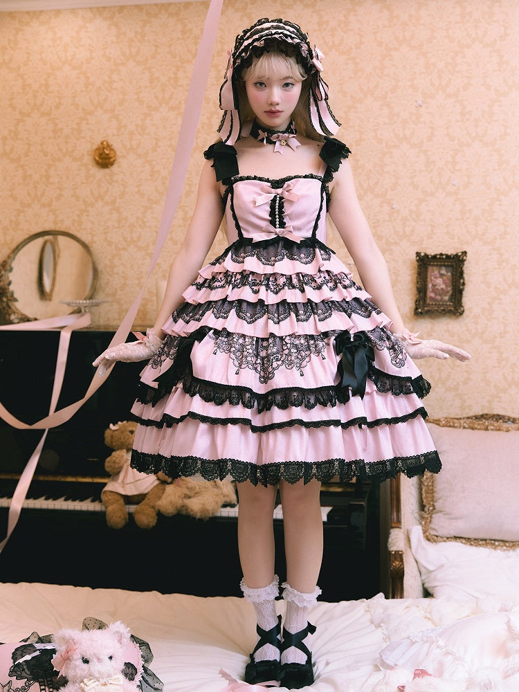 Black Pink High Waist Ruffled Lolita Jumper Skirt - Mademoiselle Pearl