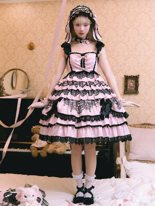 Black Pink High Waist Ruffled Lolita Jumper Skirt - Mademoiselle Pearl