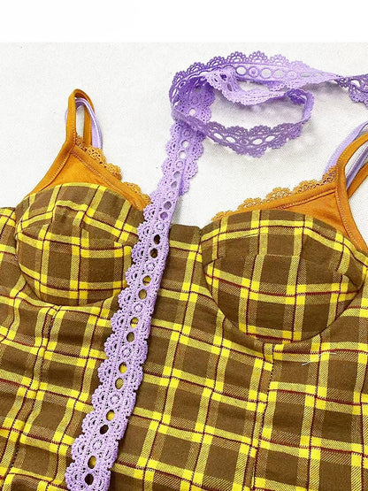スカーフキャミトップパープルチェック柄Y2Kイエロー