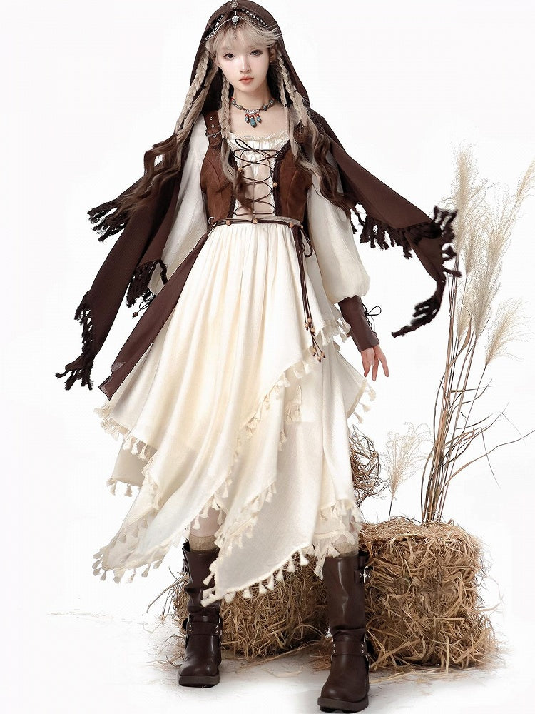 Lace-Up Corset and Lolita Dress Set with Tassel Cape - Han Ru Chu Hanfu & Han-Element Studi
