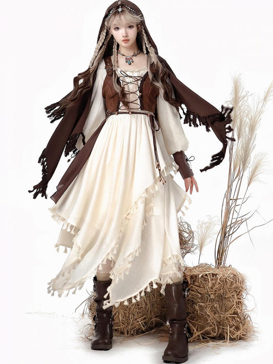 Lace-Up Corset and Lolita Dress Set with Tassel Cape - Han Ru Chu Hanfu & Han-Element Studi