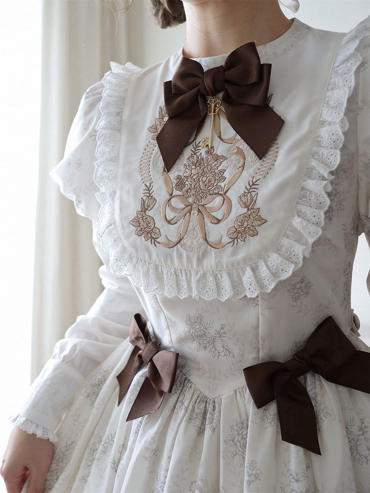 White and Piece Bodice Short Bowknot One Floral Embroidery Classic Version Lolita