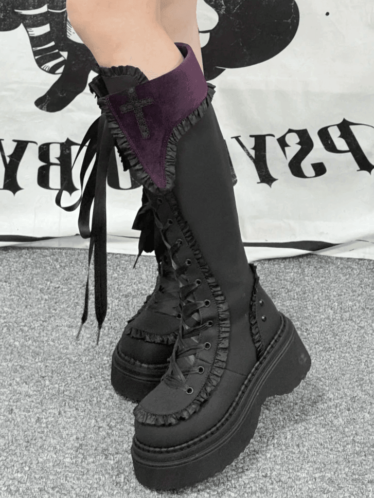 Purple Gothic Details with Platform Knee-high Ruffle Boots Version Cross in Design Black Regular