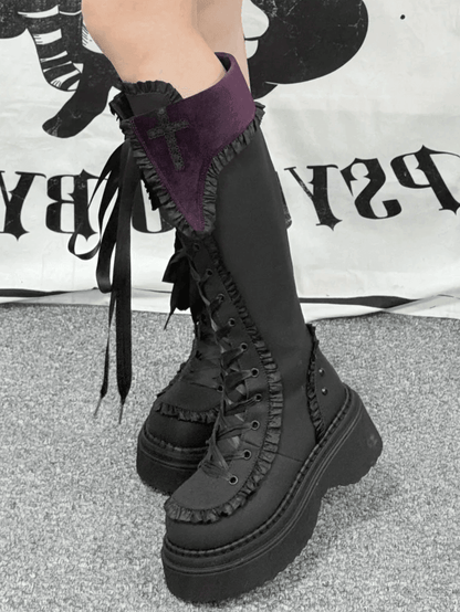 Purple Gothic Details with Platform Knee-high Ruffle Boots Version Cross in Design Black Regular